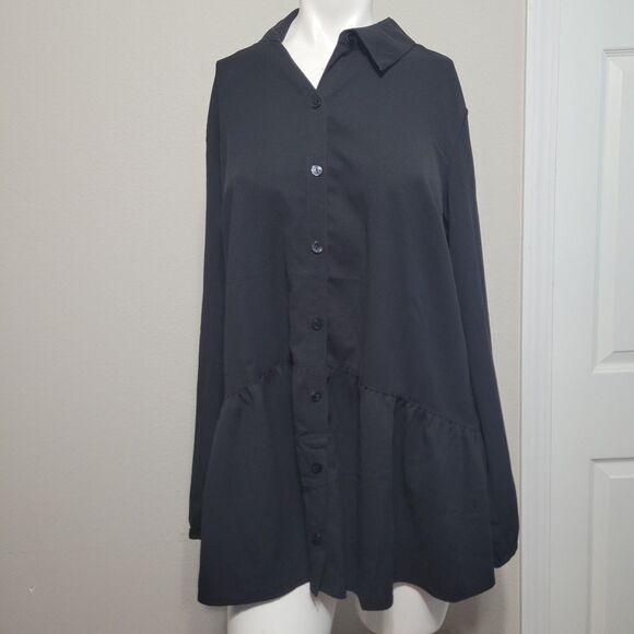 LOGO Lori Goldstein Medium Blouse top pleated button front collar longsleeve - Picture 1 of 6